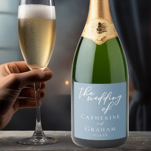 Dusty Blue White Typography Coastal Wedding Sparkling Wine Label