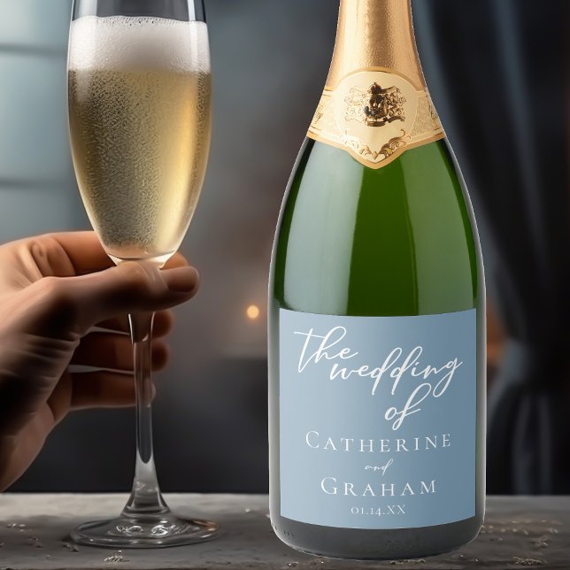 Dusty Blue White Typography Coastal Wedding Sparkling Wine Label (Creator Uploaded)