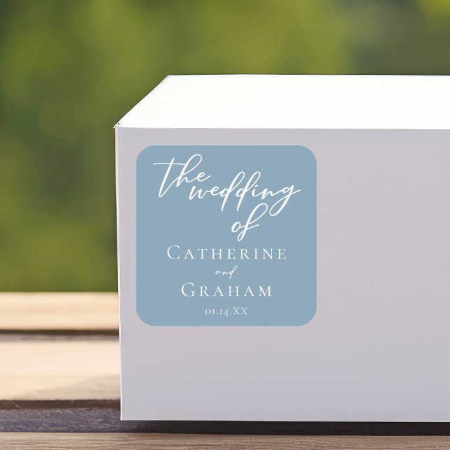 Dusty Blue White Typography Coastal Wedding Square Sticker (Creator Uploaded)