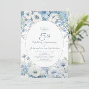 Dusty Blue White Watercolor Floral 5th Anniversary Invitation