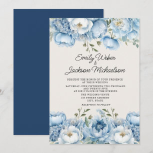 Dusty Blue White Watercolor Floral Wedding Invitation