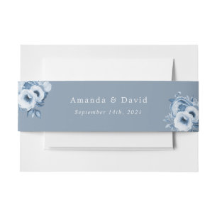 Dusty blue white watercolored florals wedding invitation belly band