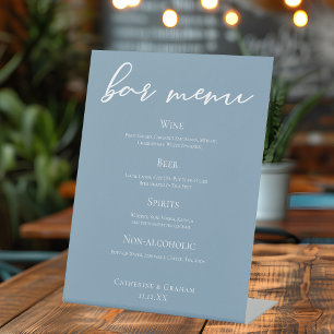 Dusty Blue White Wedding Bar Menu Pedestal Sign