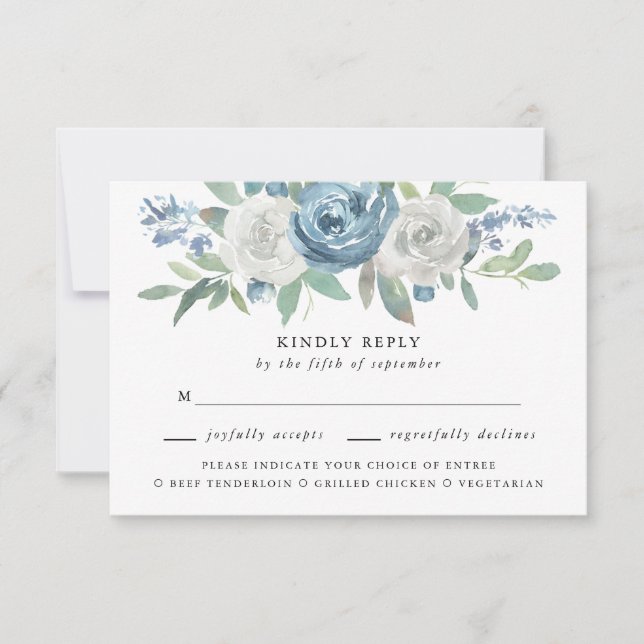 Dusty Blue & White Wedding Meal Choice RSVP Card (Front)