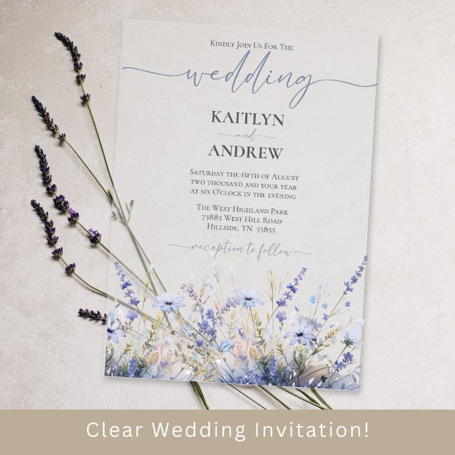 Dusty Blue Wild Flower Elegant Script Wedding Acrylic Invitations (Dusty Blue Wild Flower Acrylic Clear Wedding Invitation)