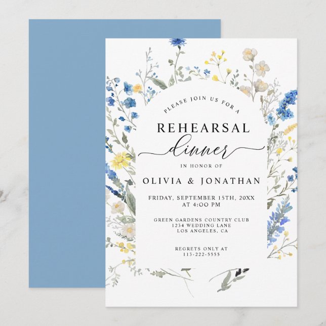 Dusty Blue Wild Flowers Floral Rehearsal Dinner Invitation (Front/Back)
