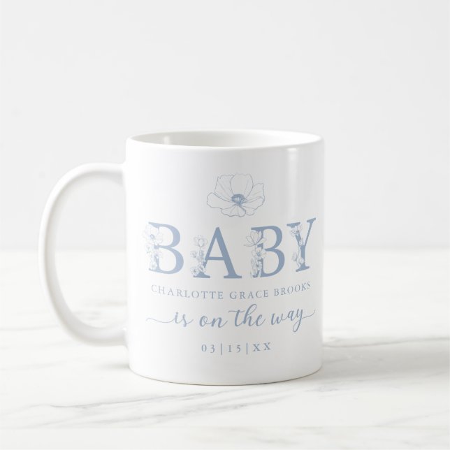 Dusty Blue Wildflower Baby Announcement Coffee Mug (Left)