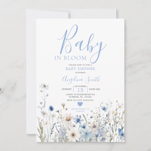 Dusty Blue Wildflower Baby in Bloom Baby Shower Invitation (Front)