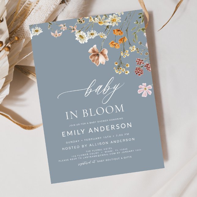 Dusty Blue Wildflower Baby in Bloom Baby Shower Invitation (Creator Uploaded)