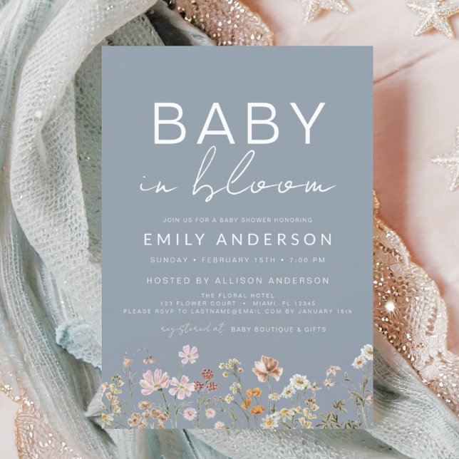 Dusty Blue Wildflower Baby in Bloom Baby Shower Invitation (Creator Uploaded)
