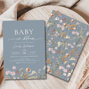 Dusty Blue Wildflower Baby in Bloom Baby Shower Invitation