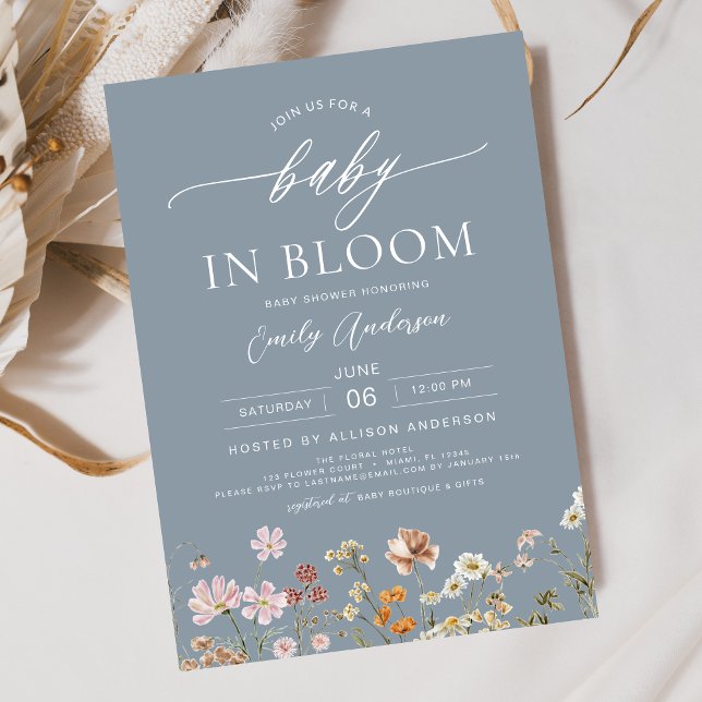 Dusty Blue Wildflower Baby in Bloom Baby Shower Invitation (Creator Uploaded)