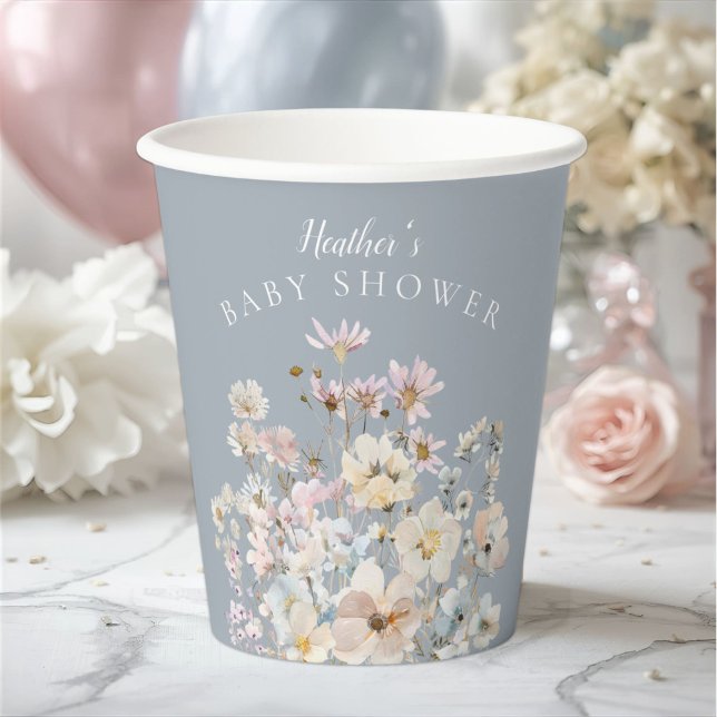 Dusty Blue Wildflower Baby Shower  Paper Cups (Creator Uploaded)