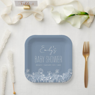 Dusty Blue Wildflower Boho Baby Shower In Bloom Paper Plate