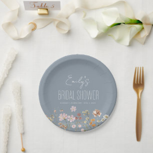 Dusty Blue Wildflower Boho Bridal Shower In Bloom Paper Plate