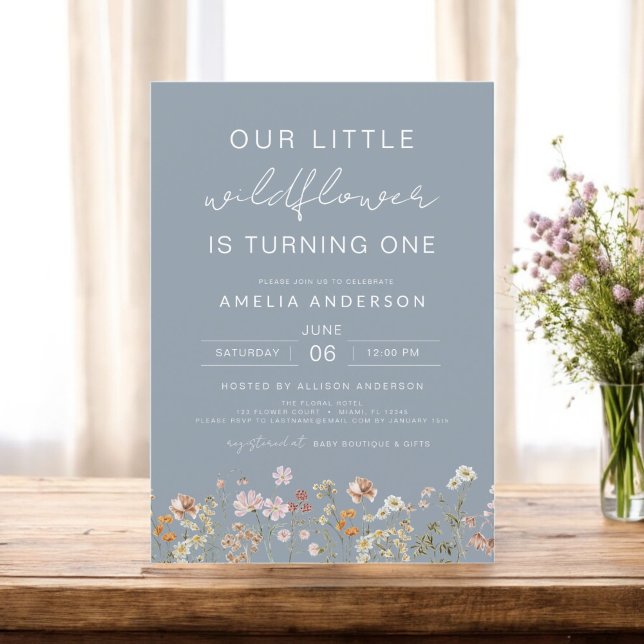 Dusty Blue Wildflower Boho Chic First Birthday  Invitation (Creator Uploaded)