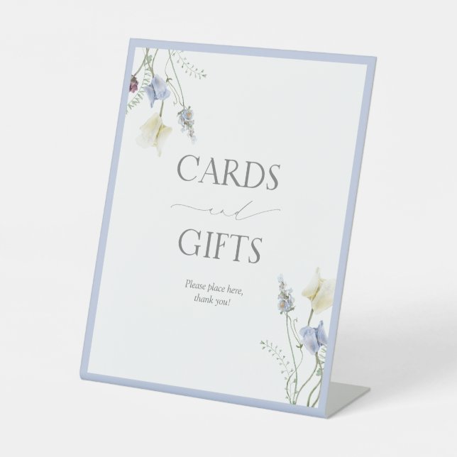 Dusty Blue Wildflower Bridal Shower Cards & Gifts Pedestal Sign (Front)