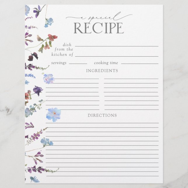 Dusty Blue Wildflower Bridal Shower Recipe Page (Front)