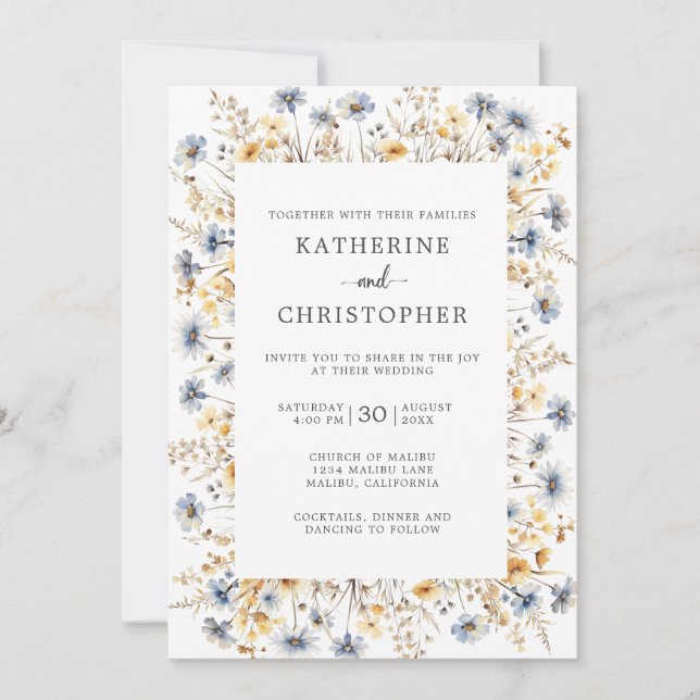Dusty Blue Wildflower Budget All in One Wedding Invitation