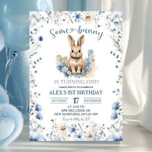 Dusty Blue Wildflower Bunny 1st Birthday Invitation
