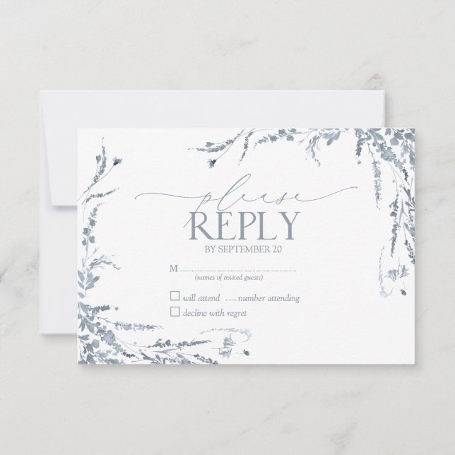 Dusty Blue Wildflower Calligraphy Wedding RSVP Card (Back)