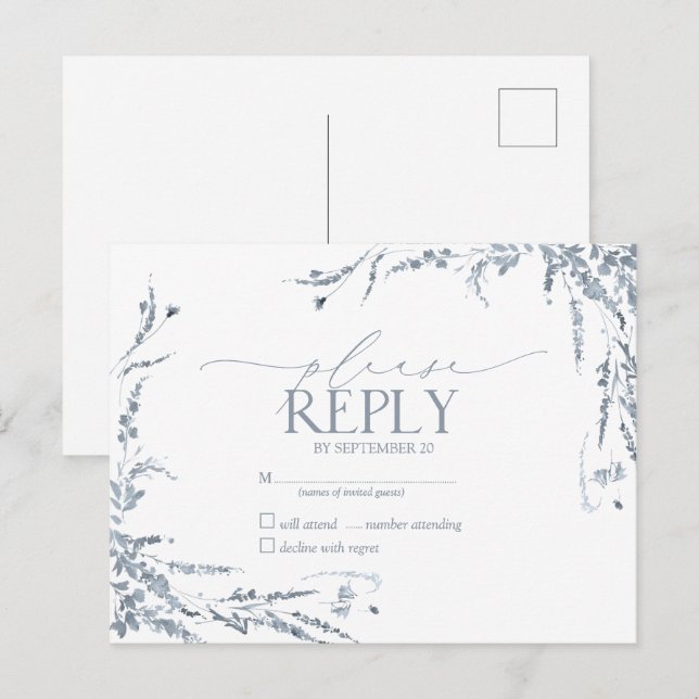Dusty Blue Wildflower Calligraphy Wedding RSVP Invitation Postcard (Front/Back)