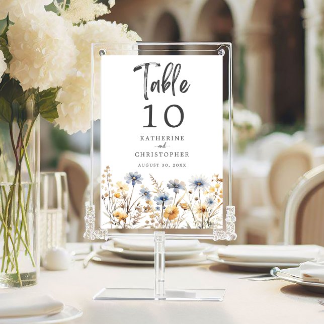 Dusty Blue Wildflower Elegant Wedding Reception Table Number (Dusty Blue Wildflower Elegant Wedding Reception Table Number with Optional Guest Names on Back.)