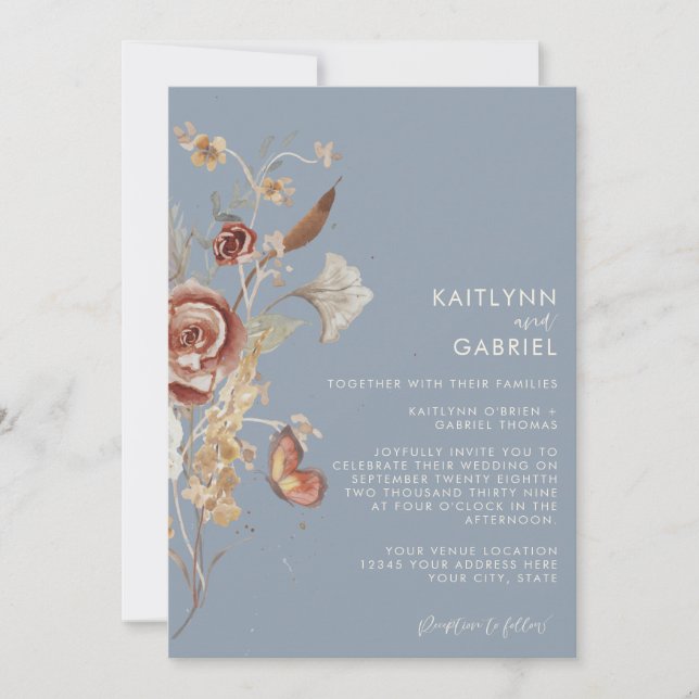 Dusty Blue Wildflower Floral Watercolor Wedding Invitation (Front)