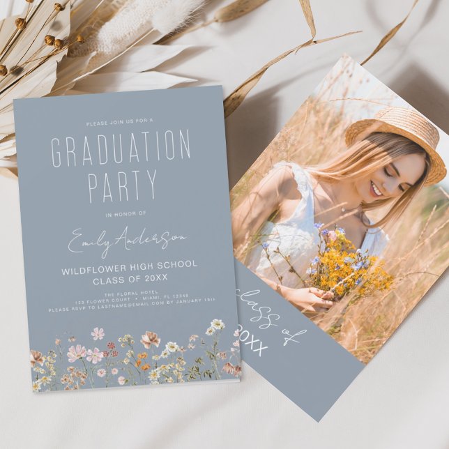 Dusty Blue Wildflower Graduation Party Boho Bloom Invitation (Creator Uploaded)