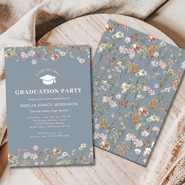 Dusty Blue Wildflower Graduation Party Boho Bloom Invitation (Creator Uploaded)