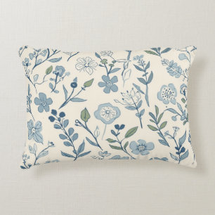 Dusty Blue Wildflower Meadow Botanical Pattern Accent Pillow