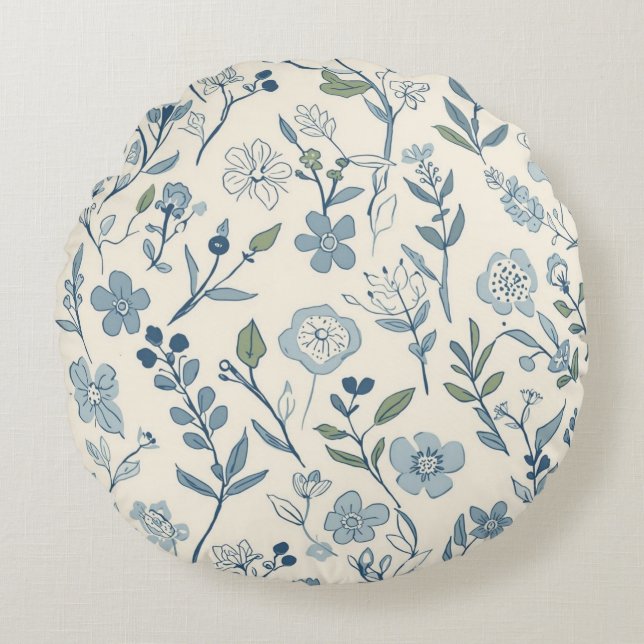 Dusty Blue Wildflower Meadow Botanical Pattern Round Pillow (Front)
