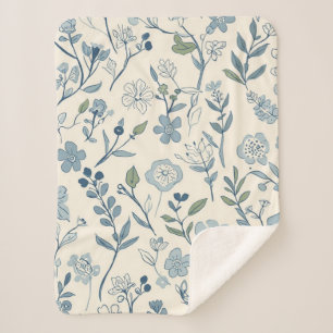 Dusty Blue Wildflower Meadow Botanical Pattern Sherpa Blanket