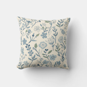 Dusty Blue Wildflower Meadow Botanical Pattern Throw Pillow