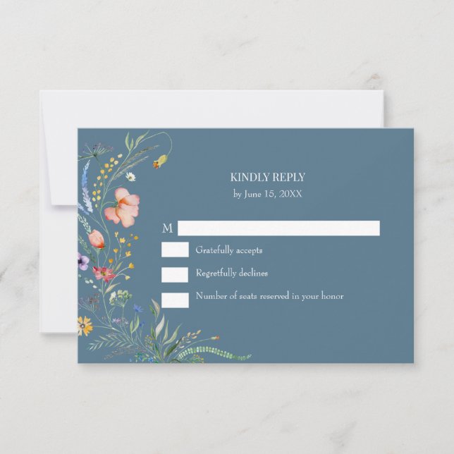 Dusty Blue Wildflower Meadow Wedding RSVP Card (Front)