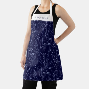 Dusty Blue Wildflower Pattern Personalized Navy Apron