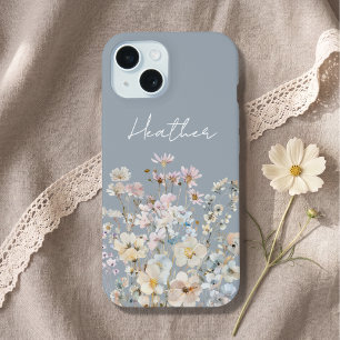 Dusty Blue Wildflower Personalized iPhone 15 Case