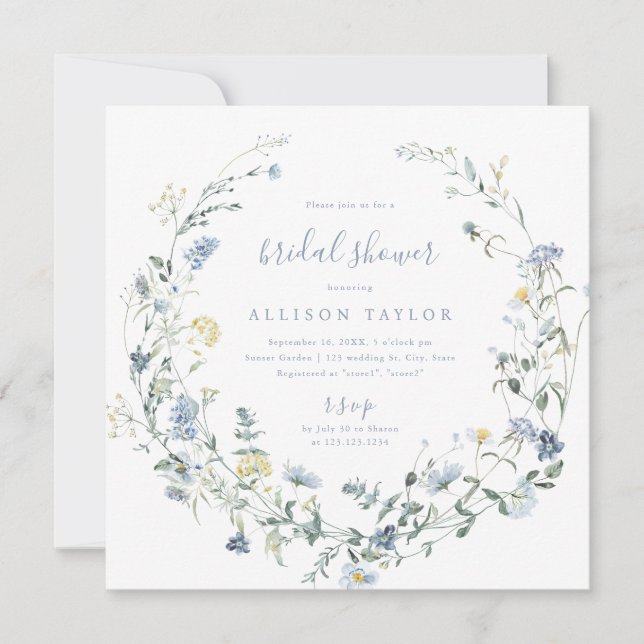 Dusty Blue Wildflower Rustic Boho Bridal Shower Invitation (Front)