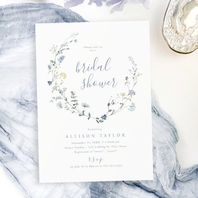 Dusty Blue Wildflower Rustic Boho Bridal Shower  Invitation (Dusty Blue Wildflower Rustic Boho Bridal Shower Invitation)
