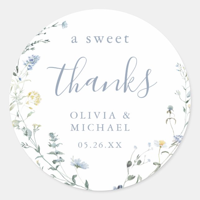Dusty Blue Wildflower Rustic Boho thank you favour Classic Round Sticker (Front)