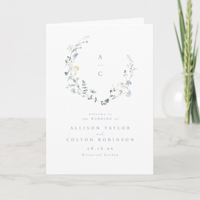 Dusty Blue Wildflower Rustic Boho Wedding Monogram Program (Front)
