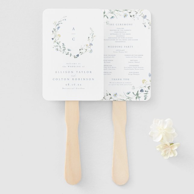 Dusty Blue Wildflower Rustic Boho Wedding Program Hand Fan (Front and Back)