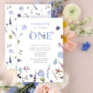 Dusty Blue Wildflower Turning One 1st Birthday Invitation