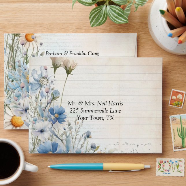 Dusty Blue Wildflower Wedding Envelope (Desk)