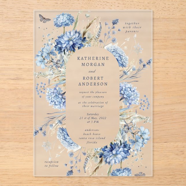 Dusty Blue Wildflower Wedding Invitation (Recto)