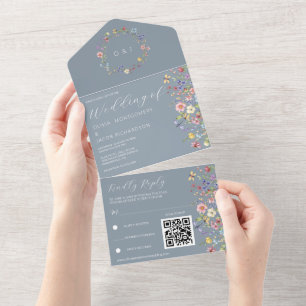 Dusty Blue Wildflower Wedding RSVP & QR Code  All In One Invitation