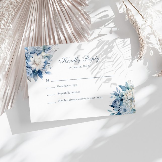 Dusty Blue Wildflower Wedding RSVP White Back (Dusty Blue Wildflower Wedding RSVP White Back Card on a sunny table with neutral dry botanicals)