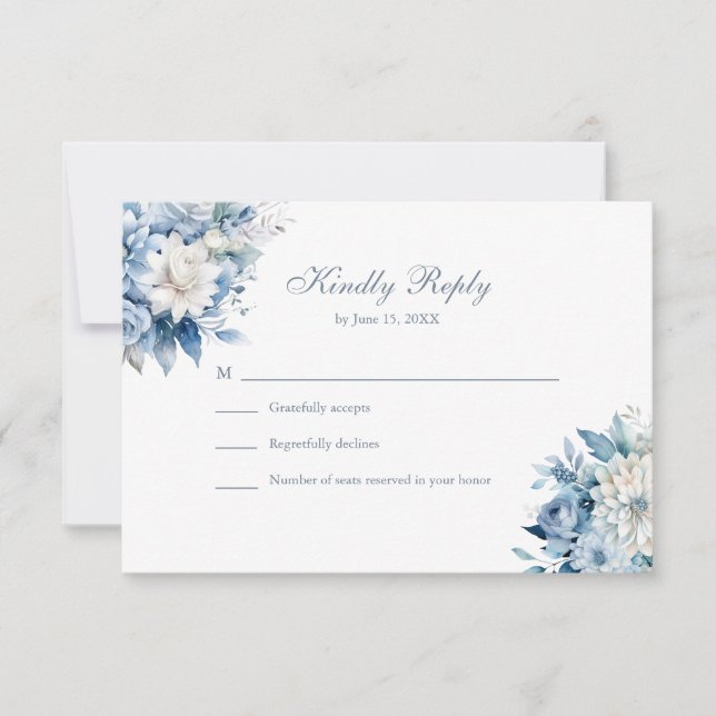Dusty Blue Wildflower Wedding RSVP White Back Card (Front)