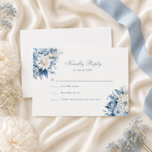 Dusty Blue Wildflower Wedding RSVP White Back Card