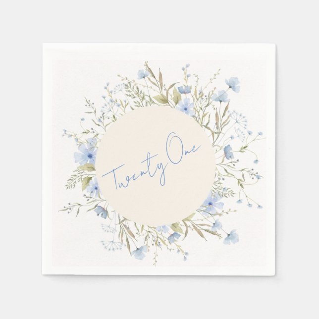Dusty Blue Wildflower Wreath 21st Birthday Party Napkin (Front)